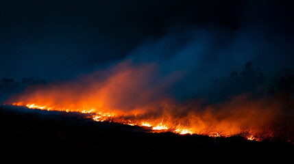 Fototapeta premium Intense wildfire sweeping across dark landscape with orange flames and swirling smoke at night, forest fire emergency, natural disaster, environmental catastrophe, burning