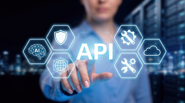 Businesswoman touching digital api interface with futuristic technology icons in server