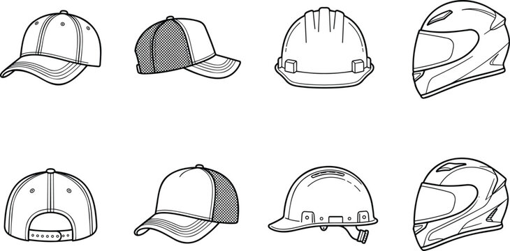 Headwear Vector Icon Set with Hand Drawn Baseball Caps, Mesh Trucker Hats, Industrial Construction Hardhats, and Motorcycle Helmet Sketches