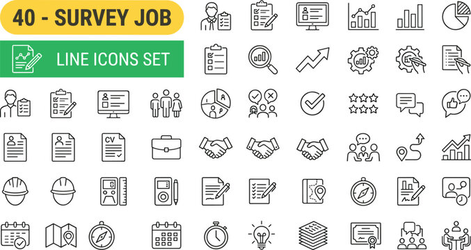 Survey Job Line Icons Set with Flat Design and Minimalist Style for Business and Data Collection