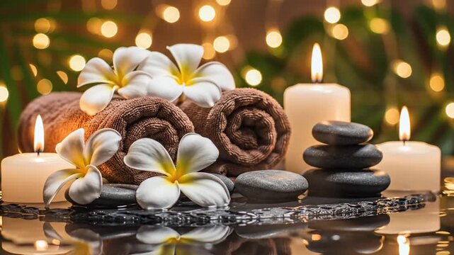 Rolled brown towels and white frangipani flowers arranged with stacked basalt stones and burning candles on a reflective water surface against a warm bokeh light background.