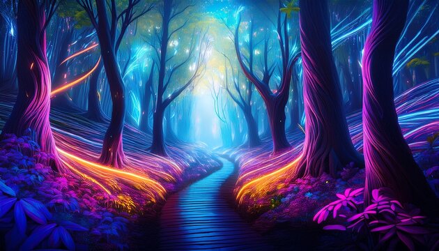 Leuchtender Wald Neonfarben Abstrakte Pflanzen Am Pfad Kreativer Zauberwald Illustration