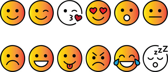 Fototapeta premium Yellow and Orange Gradient Emoji Icon Set with Colorful Cartoon Expressions Happy Sad Winking Angry and Shocked Moods for Messaging