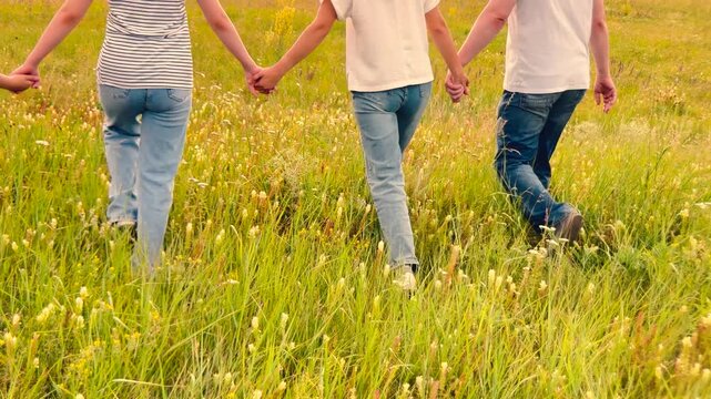 child parent, mother, father nature holding hand, happy family dream, Walking through wildflowers, Group unity in nature, Bound by love, Country sunset walk, Family evening traditions, Golden fields