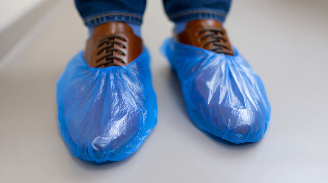 Person Wear Blue Plastic Shoe Covers Over Brown Leather Shoes for Cleanliness and Protection, Preventing Contamination in Controlled Environments