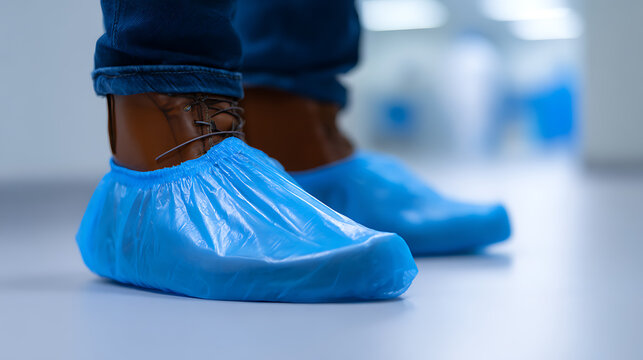 Blue Disposable Shoe Covers on Feet in Clean Environment, Protect Floor from Dirt, Maintain Hygiene in Controlled Area, Close Up View