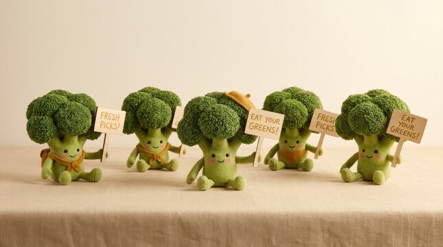 Adorable broccoli vegetable characters with friendly expressions, kawaii green mascot collection for fresh produce marketing, high