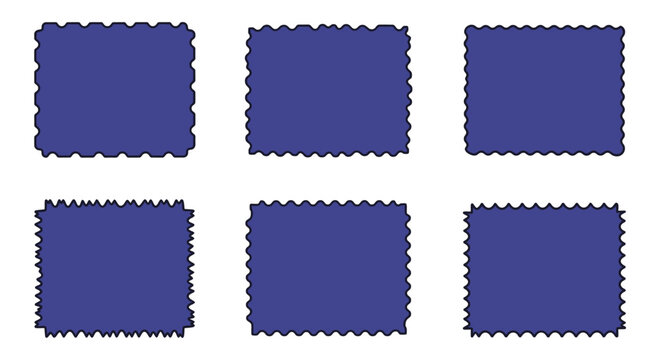 Set of six blue square and rectangle shapes with jagged edges on white background