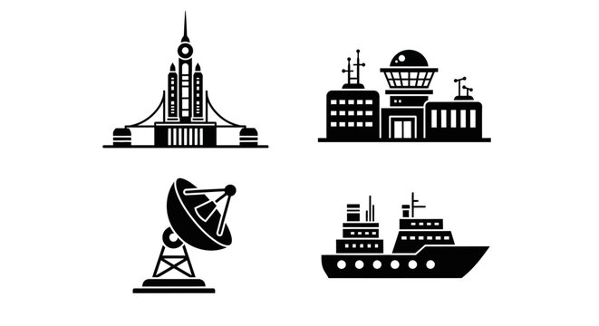 Space Rocket, Control Tower, Satellite Dish, Cargo Ship Icons Set