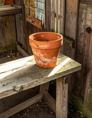Naklejka premium Terra Cotta Flower Pot on Rustic Wooden Bench with Warm Sunlight