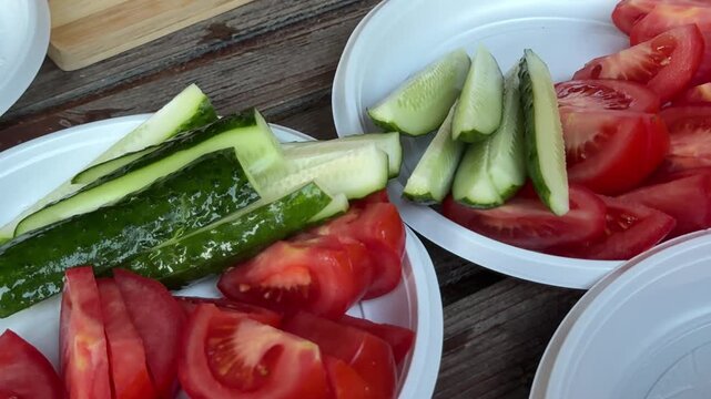 Fresh tomatoes and cheese cubes served on white plastic plates during outdoor picnic preparation with casual summer food atmosphere in nature.