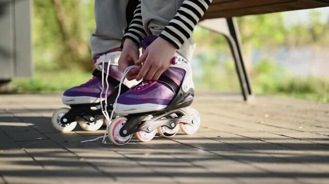 Girl Getting Ready To Roller Skate And Changing Shoes In A Close-Up