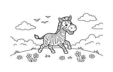 Fototapeta premium zebra trotting across a hill, with clouds, flowers, and birds in the sky, black and white line art, children’s coloring book page
