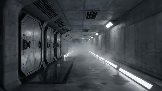 Futuristic space station hallway with atmospheric fog. Sci-fi interior corridor with industrial metal walls, glowing floor lights and heavy blast doors. Concept.