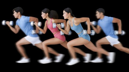 Obraz premium Four athletes running with dumbbells against black background
