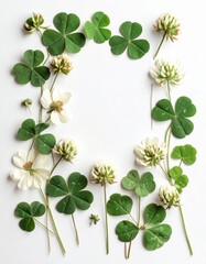 Fototapeta premium Green Clover and White Flower Frame on a Bright White Background Flat Lay