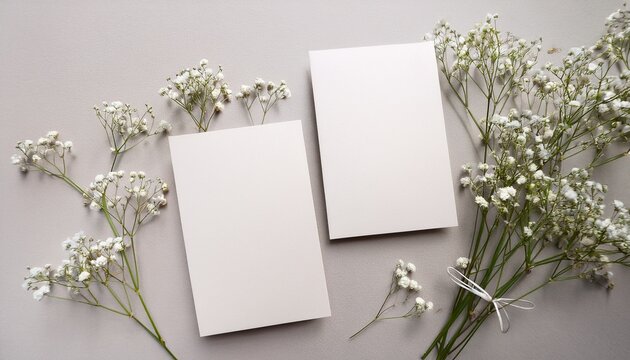 minimalist wedding invitation featuring gypsophila motifs on front and back card mockup