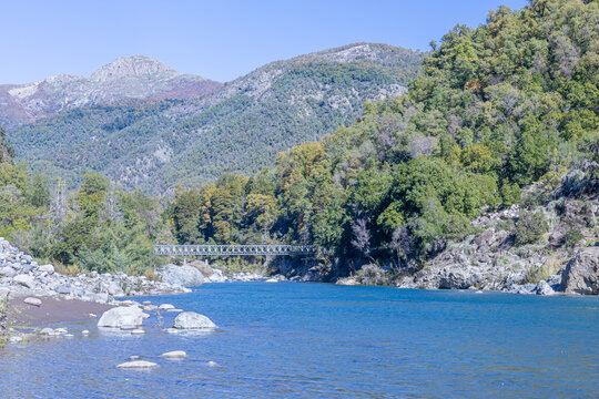 Parral, Maule Region - May 9, 2026: La Balsa sector, in the Parral mountain range, where the Longavi River flows through a valley surrounded by mountains and native forest.