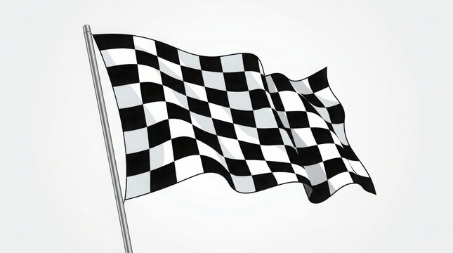Waving Checkered Flag on Pole Against White Background, Racing Symbol