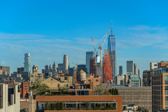 Lower Manhattan Skyline with Construction Cranes