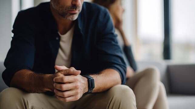 Sad Adult Man Sit Alone on Sofa After Argument, Ponder Problem, Unhappy Couple Experience Conflict and Relationship Difficulties in Home Setting