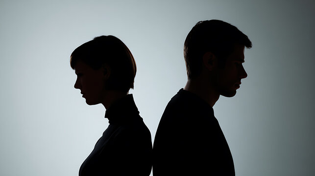 Silhouette profile of a man and a woman stand back to back, appearing distant and sad, symbolizing relationship problems and emotional separation