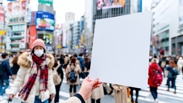 Person holding blank sign in crowded city crosswalk downtown