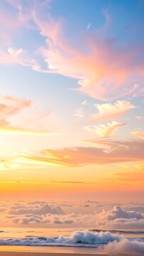 Vibrant Cloudy Sunset Sky Over Ocean Beach With Warm Golden Light