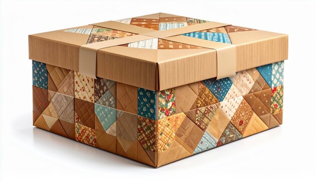 Square Box Covered with Colorful Patchwork Design on White Background