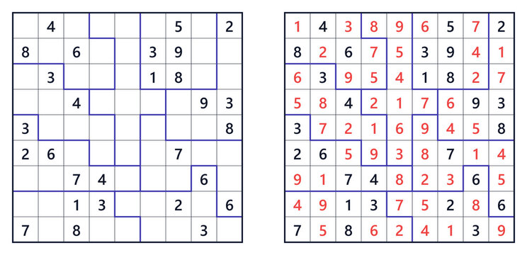 Jigsaw Sudoku puzzle with blue lines and filled numbers on grid, challenging level
