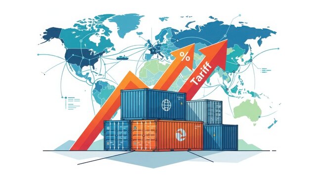 Global trade tariffs increasing with cargo containers and rising graph on world map background