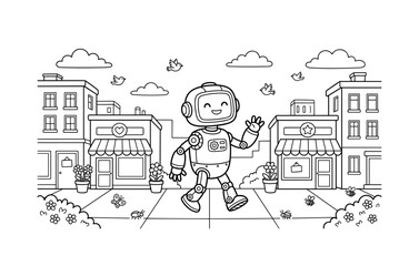 Naklejka premium friendly robot walking through a comic city street, with flowers, birds, clouds, and tiny insects around, black and white line