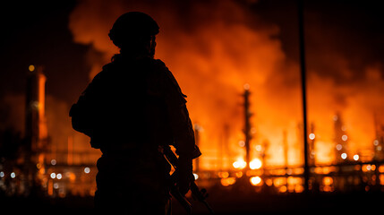 Fototapeta premium Silhouette Figure Observe Industrial Fire at Night, Dramatic Scene with Large Flames and Smoke, Crisis and Emergency Event Landscape