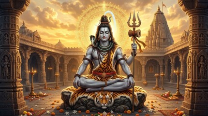 Obraz premium Full figure illustration of Shiva seated in a meditative posture, holding his divine Trishula within a vibrant, traditional