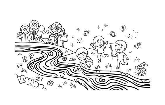 children playing along the banks of a chocolate river, with flowers, candy trees, butterflies, and tiny magical sparkles floating