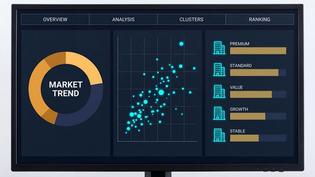 Real Estate Market Trend Dashboard with Donut Chart Bubble Scatter Plot and Property Category Rankings on Monitor Display