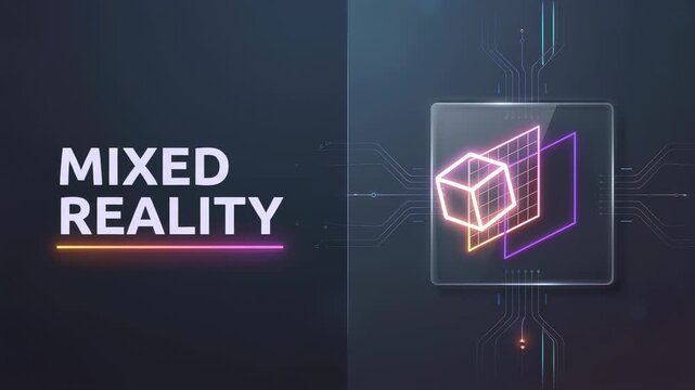 Neon text with a vibrant glass display showing a cube and grid. The futuristic interface features a circuit board design, symbolizing concepts like metaverse, vr, and digital innovation