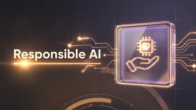 Advanced responsible ai technology shown through a glowing icon of a hand holding a processor with a heart, symbolizing ethical principles and trustworthy artificial intelligence development