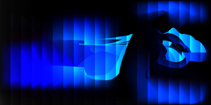 3d glass objects glowing blue on reflective black surface