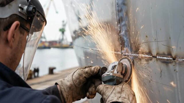 Professional worker in a shipyard using an angle grinder to smooth a weld on a large metal ship hull, with bright sparks flying during the industrial metalworking process at the dockyard