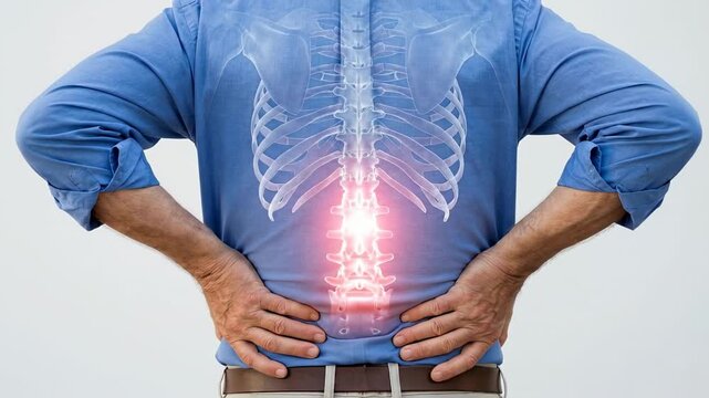 Rear view of a senior man isolated on a white background, suffering from severe lower back pain, with a visible xray animation of his inflamed spine highlighting the painful lumbar area