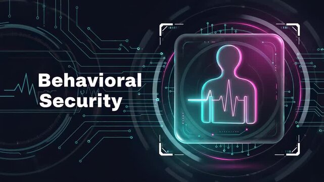 Futuristic animation showing behavioral security concept on a digital screen, using biometric authentication and user behavior analytics to protect data and ensure cybersecurity against threats