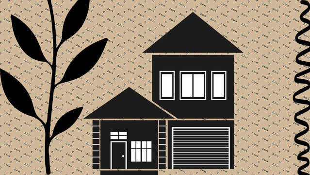 Modern two-story house silhouette on abstract textured pattern background
