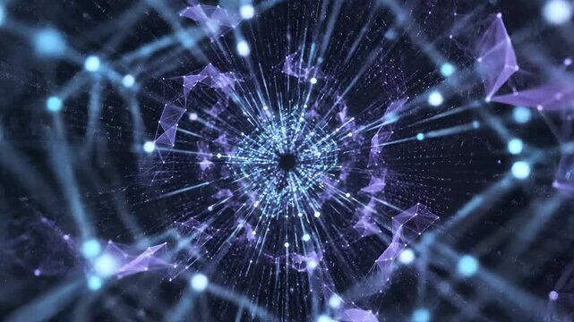Abstract Digital Network Tunnel with Glowing Particles and Geometric Shapes 1.
