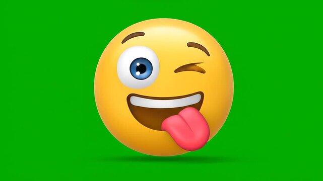 A yellow emoji with one eye winking and tongue out on green background