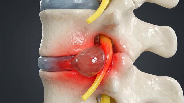 Medical animation showing the progression of a herniated disc in the lumbar spine, where the bulging nucleus pulposus compresses and inflames the spinal nerve root, causing intense pain