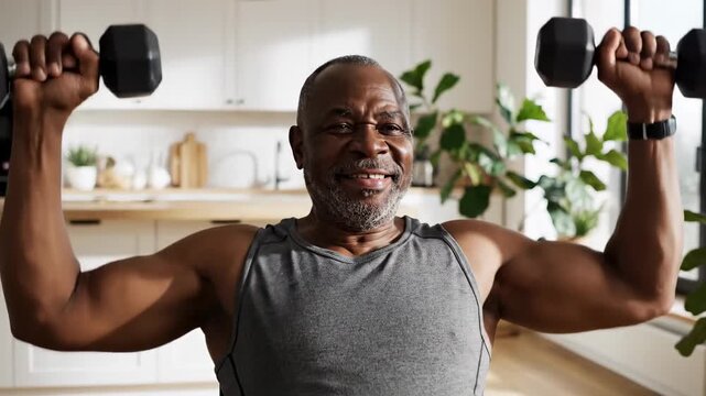 Muscular senior black man in a wheelchair lifting heavy dumbbells, exercising at home to maintain his strength and fitness, showcasing determination and an active adaptive lifestyle