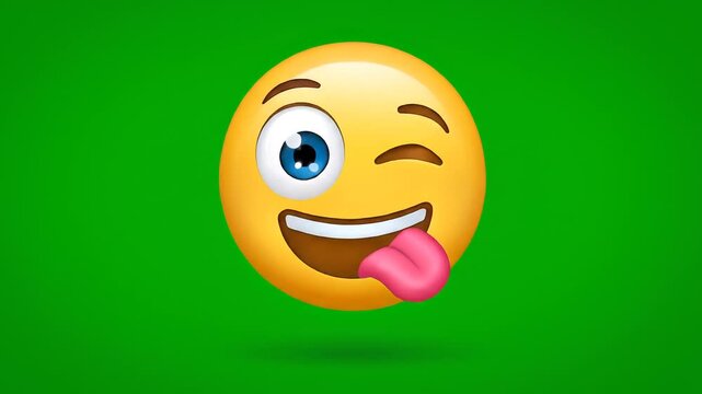 A yellow emoji with one blue eye winking and sticking out its tongue on green background