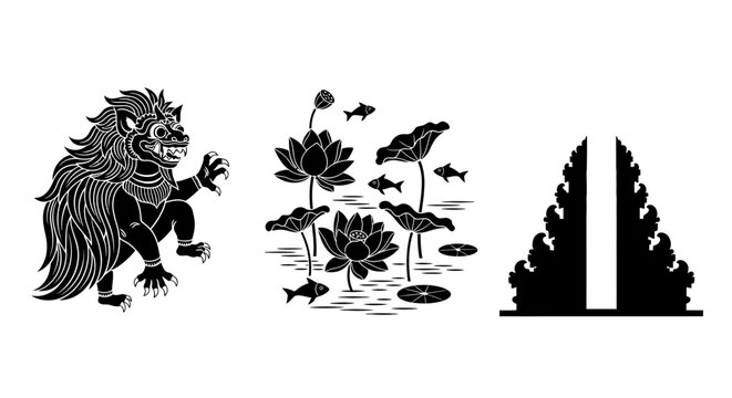 Balinese Barong Mask, Lotus Pond, and Temple Gate Silhouette Icons