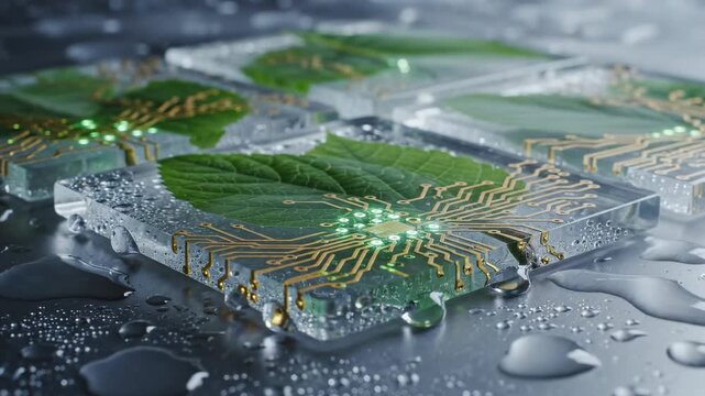 Futuristic concept showing the fusion of nature and technology with a green leaf embedded in a transparent microchip, symbolizing sustainable innovation, eco friendly computing, and green energy